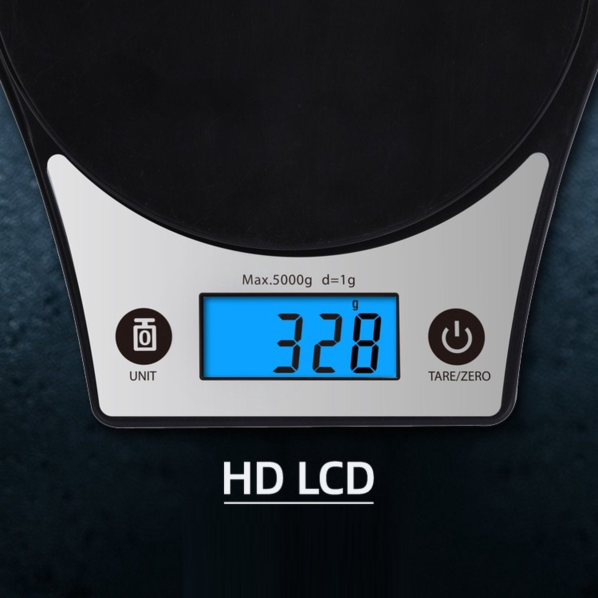 A digital kitchen scale with a blue LCD displaying 328g. It has a black surface, silver trim, and labeled buttons for unit and tare/zero.