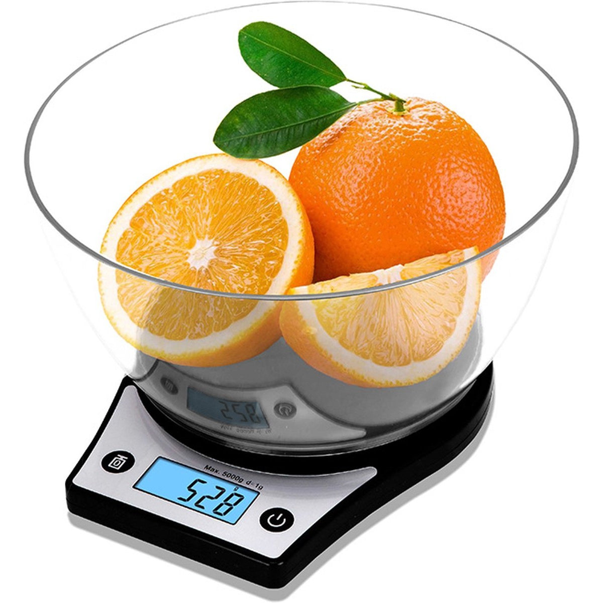Oranges in a glass bowl on a digital scale. One whole orange, a half, and a slice. The scale displays 528.