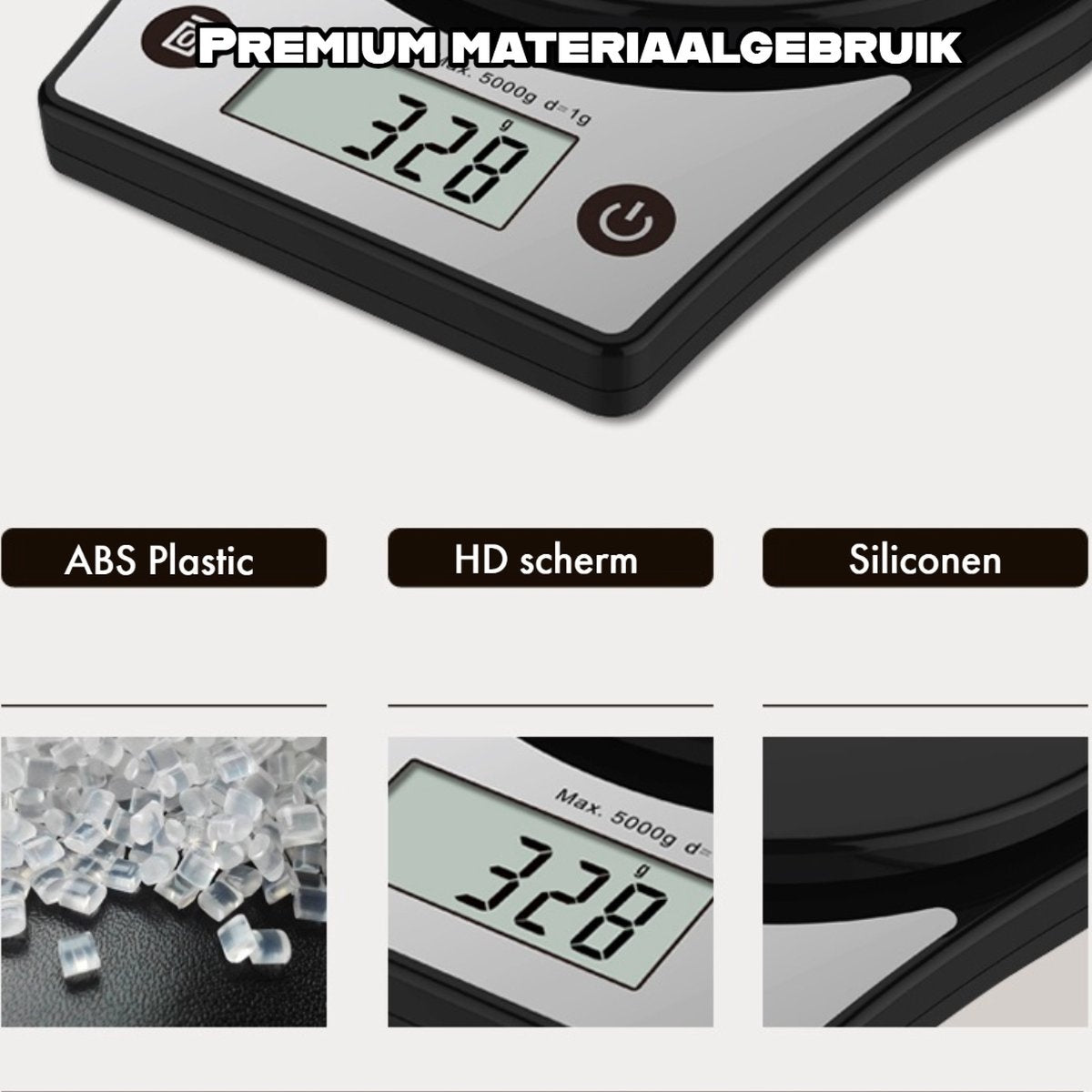 A digital kitchen scale displays '328g'. Text labels include 'ABS Plastic', 'HD screen', and 'Silicone'.