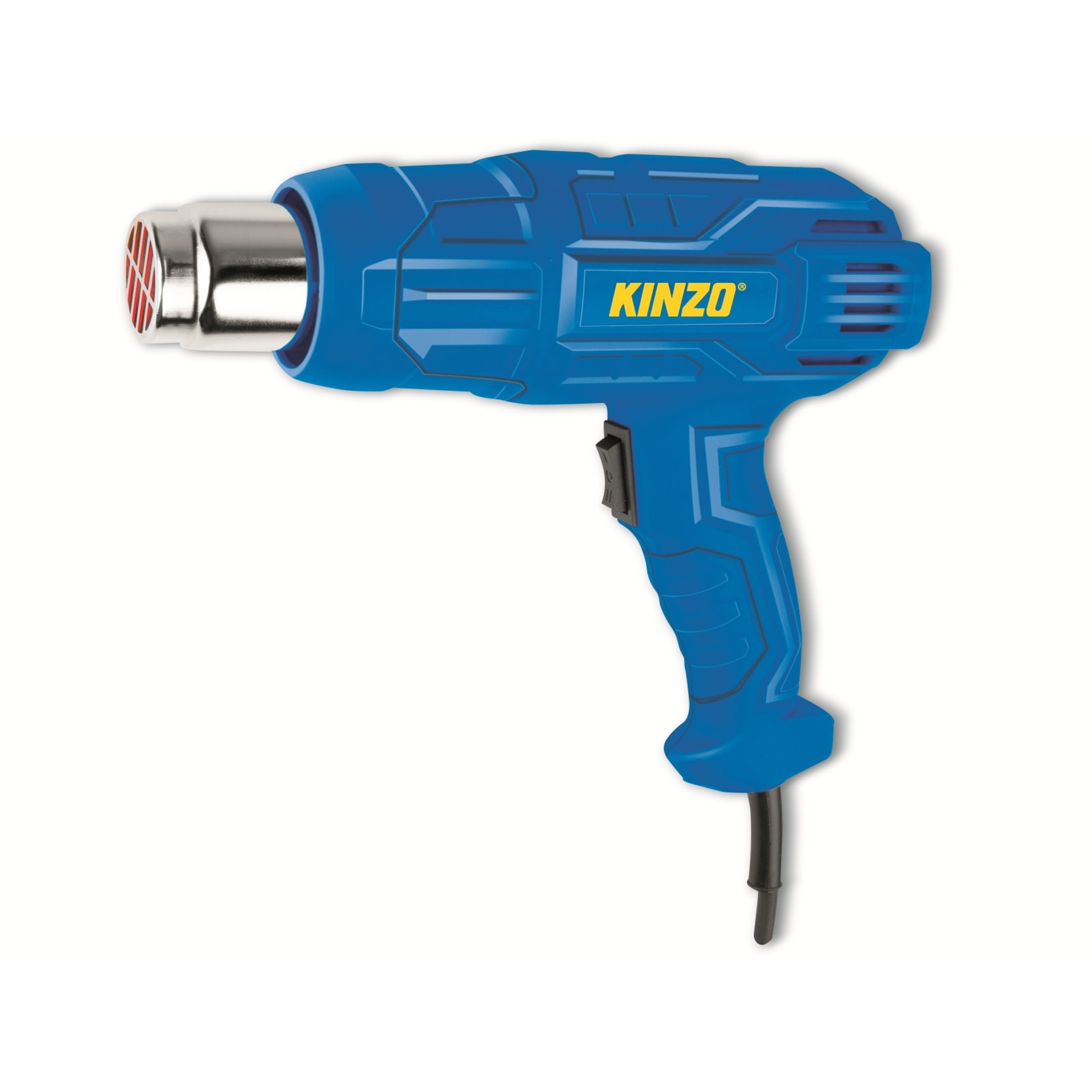 Un décapeur thermique bleu avec une buse argentée. Le mot "KINZO" est imprimé dessus. Sur fond blanc.