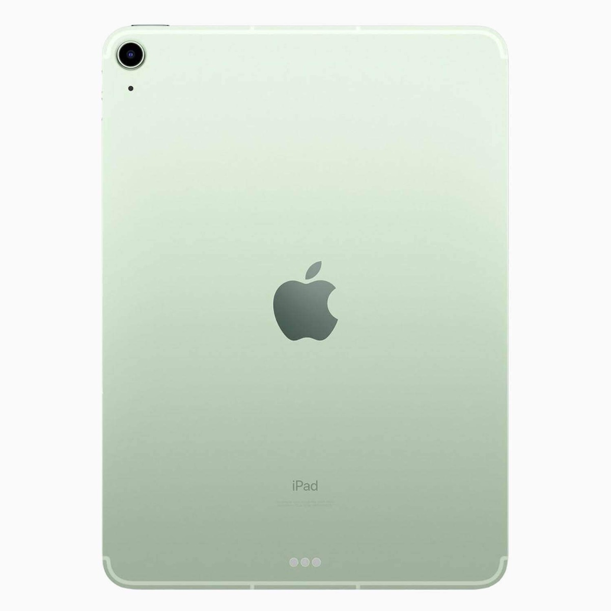 Dos d'un iPad vert. Logo Apple au centre. Caméra en haut. Texte iPad en bas.