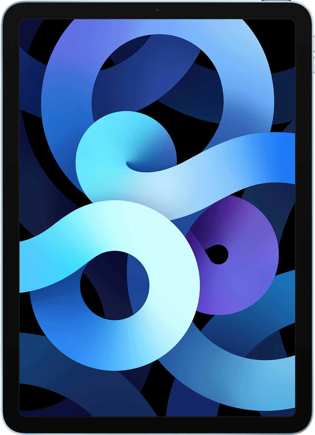 Tablet met een blauw en wit abstract ontwerp op het scherm. De achtergrond is zwart. De tablet heeft een zwarte rand.