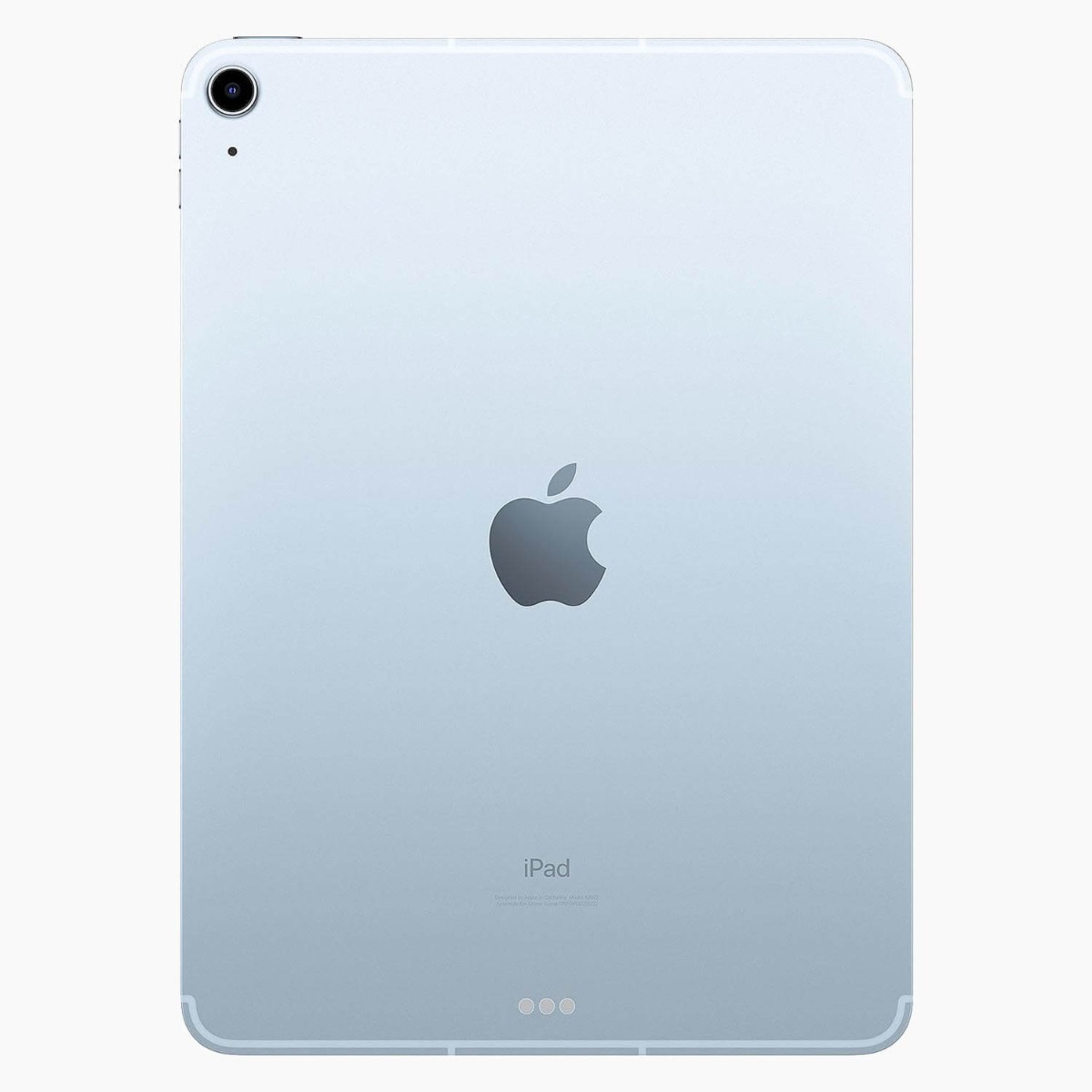 Achterkant van een lichtblauwe iPad. Het heeft een camera, Apple-logo en het woord 'iPad' onderaan. Er zijn ook drie kleine cirkels aanwezig.