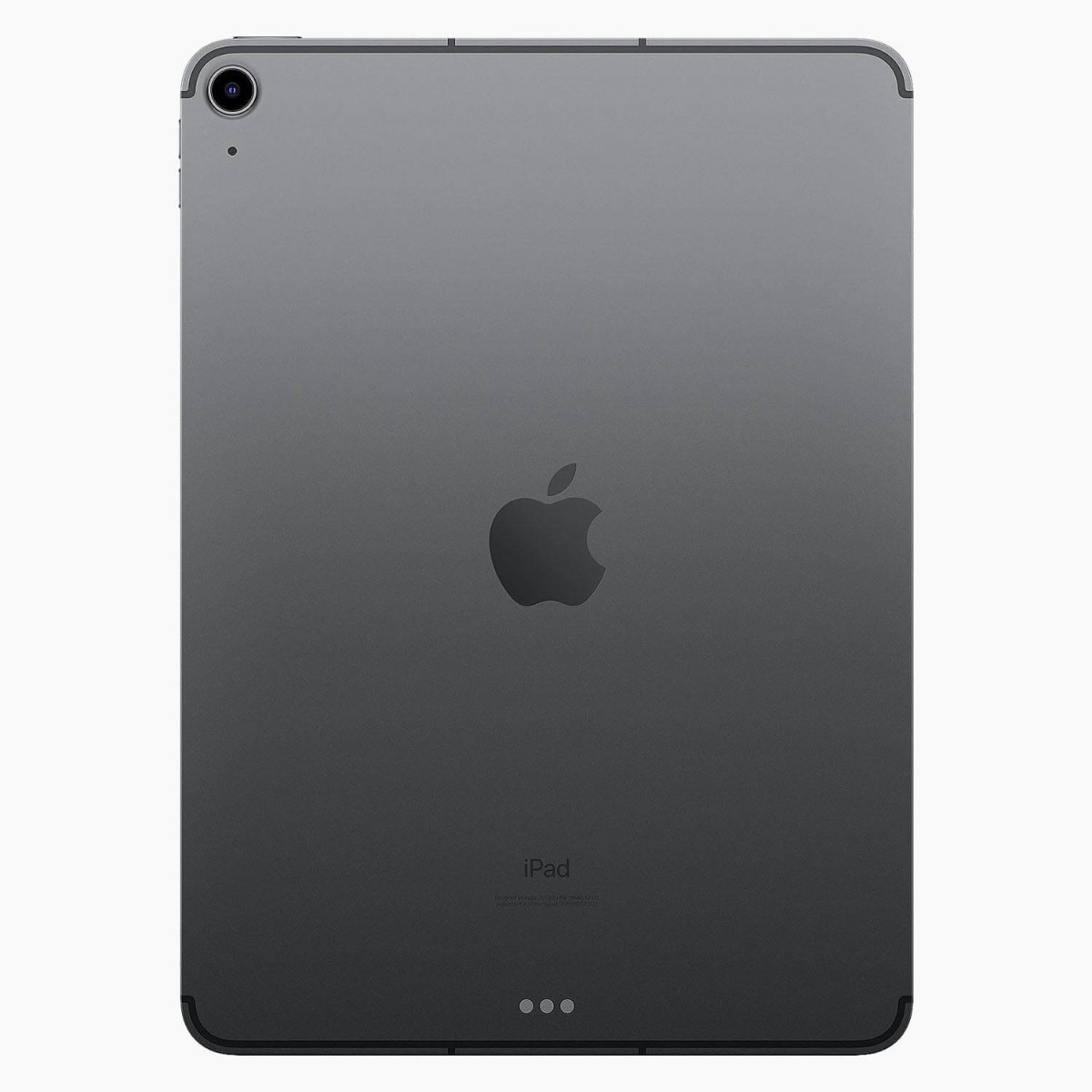 La parte trasera de un iPad gris oscuro. Tiene el logo de Apple, la palabra 'iPad', una cámara y tres puntos abajo.