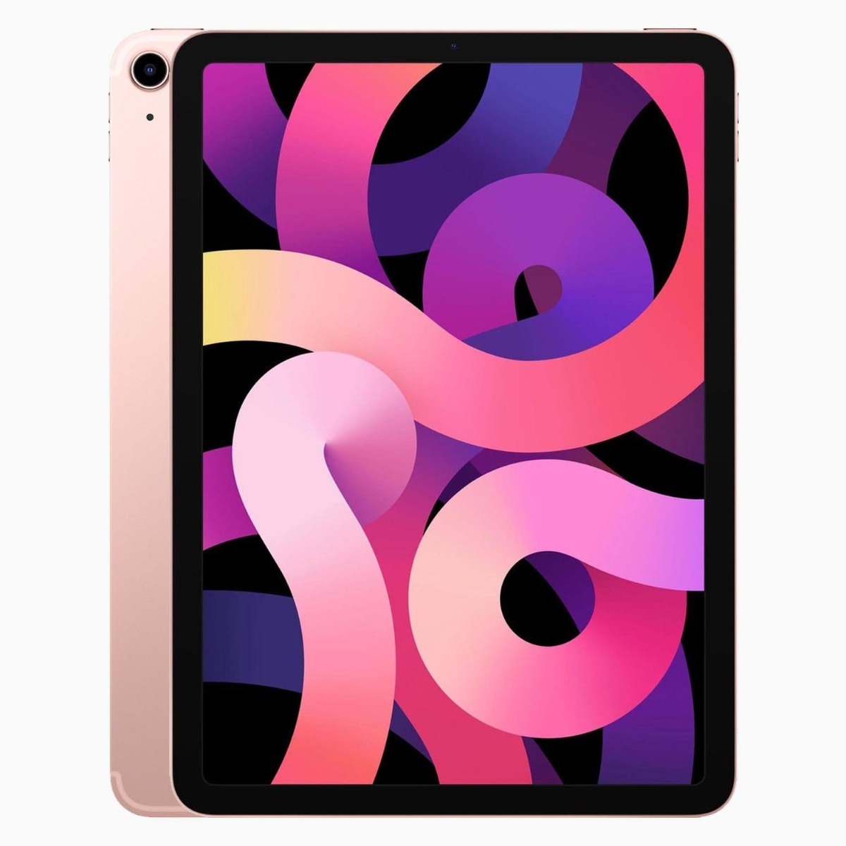 Een roségouden iPad Air toont een abstract beeld van roze, paarse en zwarte vormen. De iPad staat op een witte achtergrond.