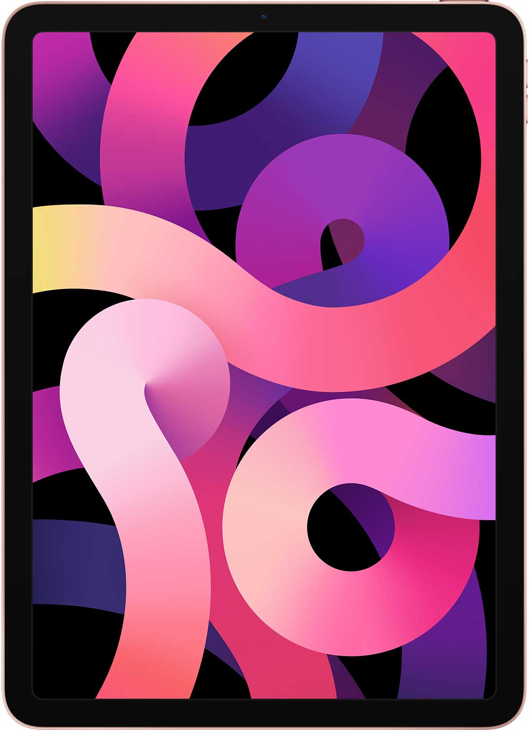 Een tablet toont een abstracte afbeelding met wervelingen van roze, paars en geel tegen een zwarte achtergrond. Het is een modern ontwerp.