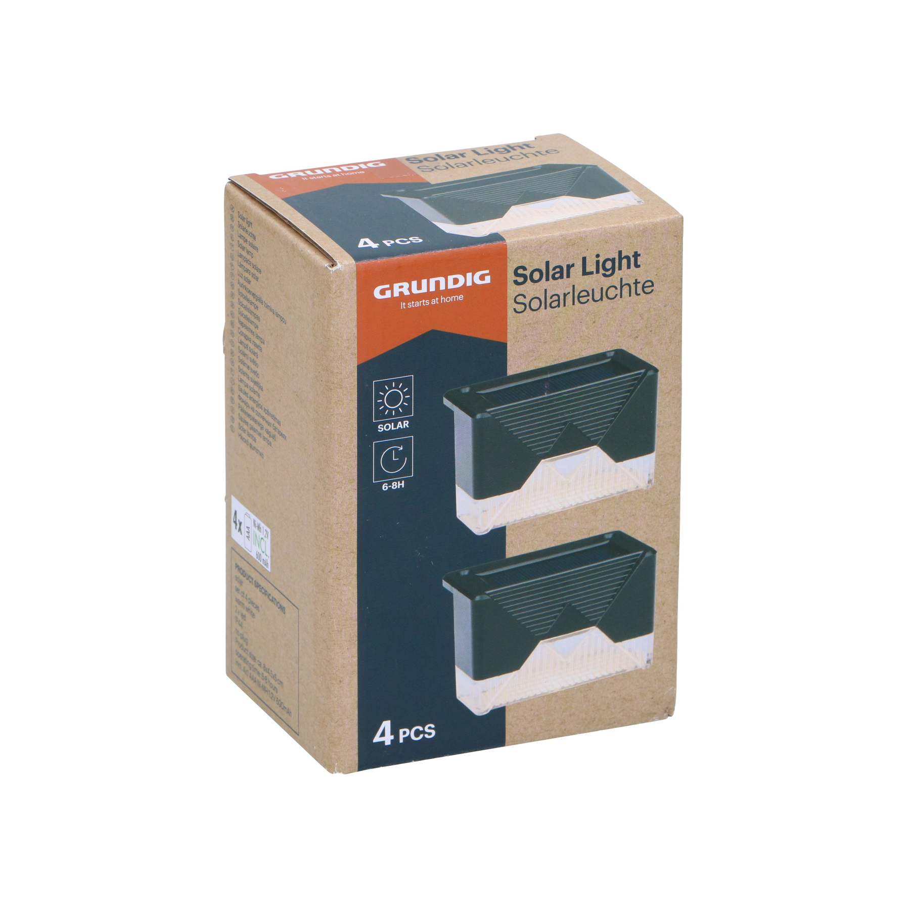 A box of Grundig solar lights. The packaging is brown with product details and two solar lights are visible.