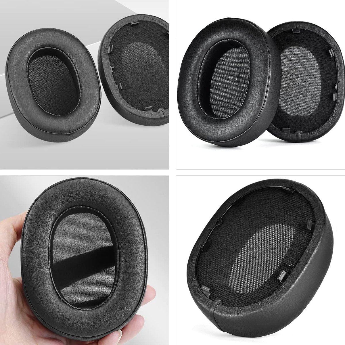 Four black headphone ear cushions are displayed. One is in a hand. All show oval shape with a mesh interior.