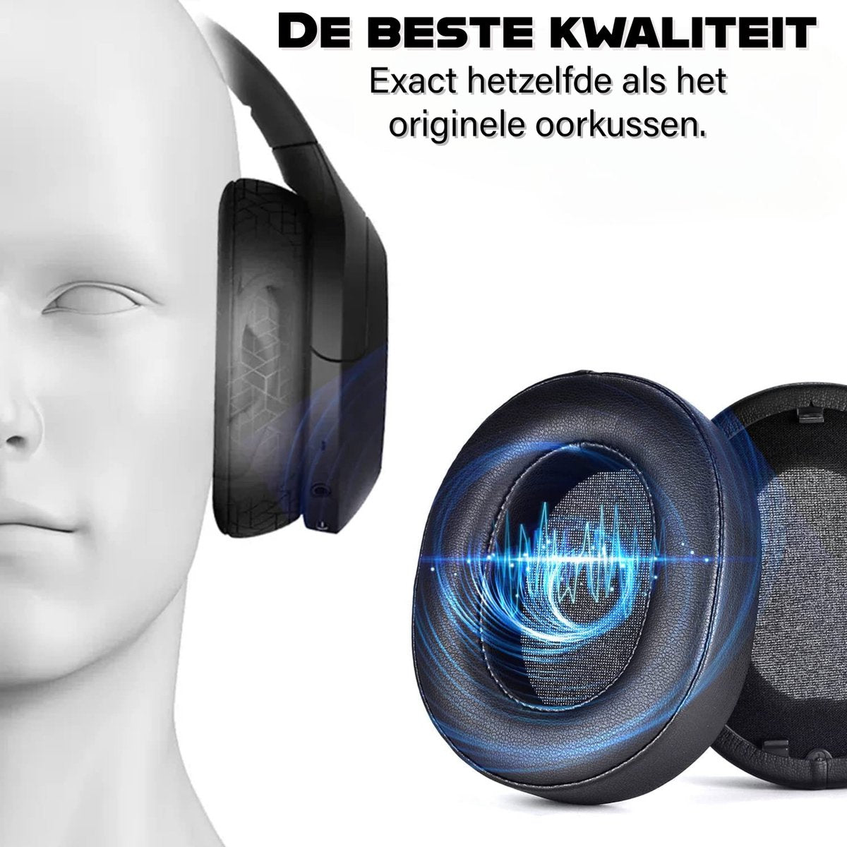 Image shows a black headphone ear cushion with blue sound wave graphic, and a detached ear cup. Text states 'Best Quality'.