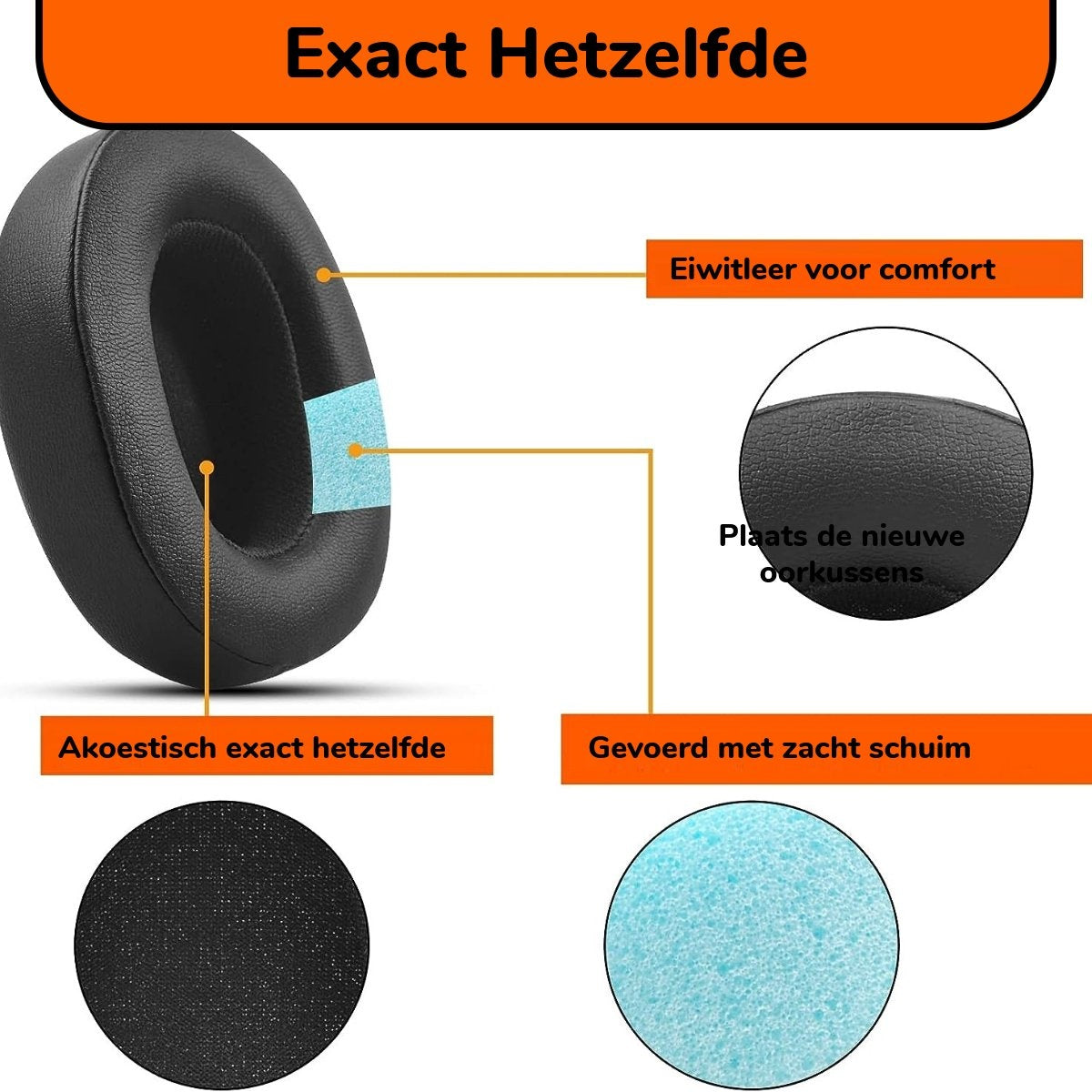 Afbeelding toont een zwarte oorschelp met tekstlabels die kenmerken benadrukken zoals comfort, zacht schuim en akoestische eigenschappen.