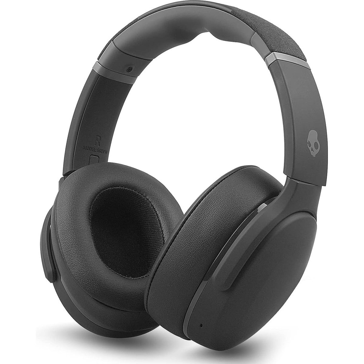 Zwarte Skullcandy-hoofdtelefoon. Ze hebben een gewatteerde hoofdband en oorschelpen. Het Skullcandy-logo staat op de rechter oorschelp.