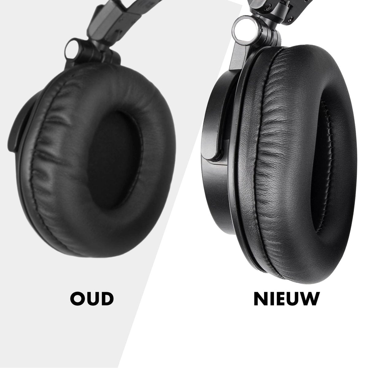 Afbeelding toont twee zwarte koptelefoons met het label 'OUD' (oud) en 'NIEUW' (nieuw). De koptelefoons staan naast elkaar, wat het verschil benadrukt.