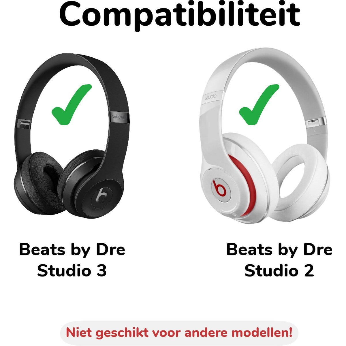 Afbeelding toont zwarte en witte Beats-hoofdtelefoons met groene vinkjes. Tekst luidt 'Compatibiliteit' en modelnamen.