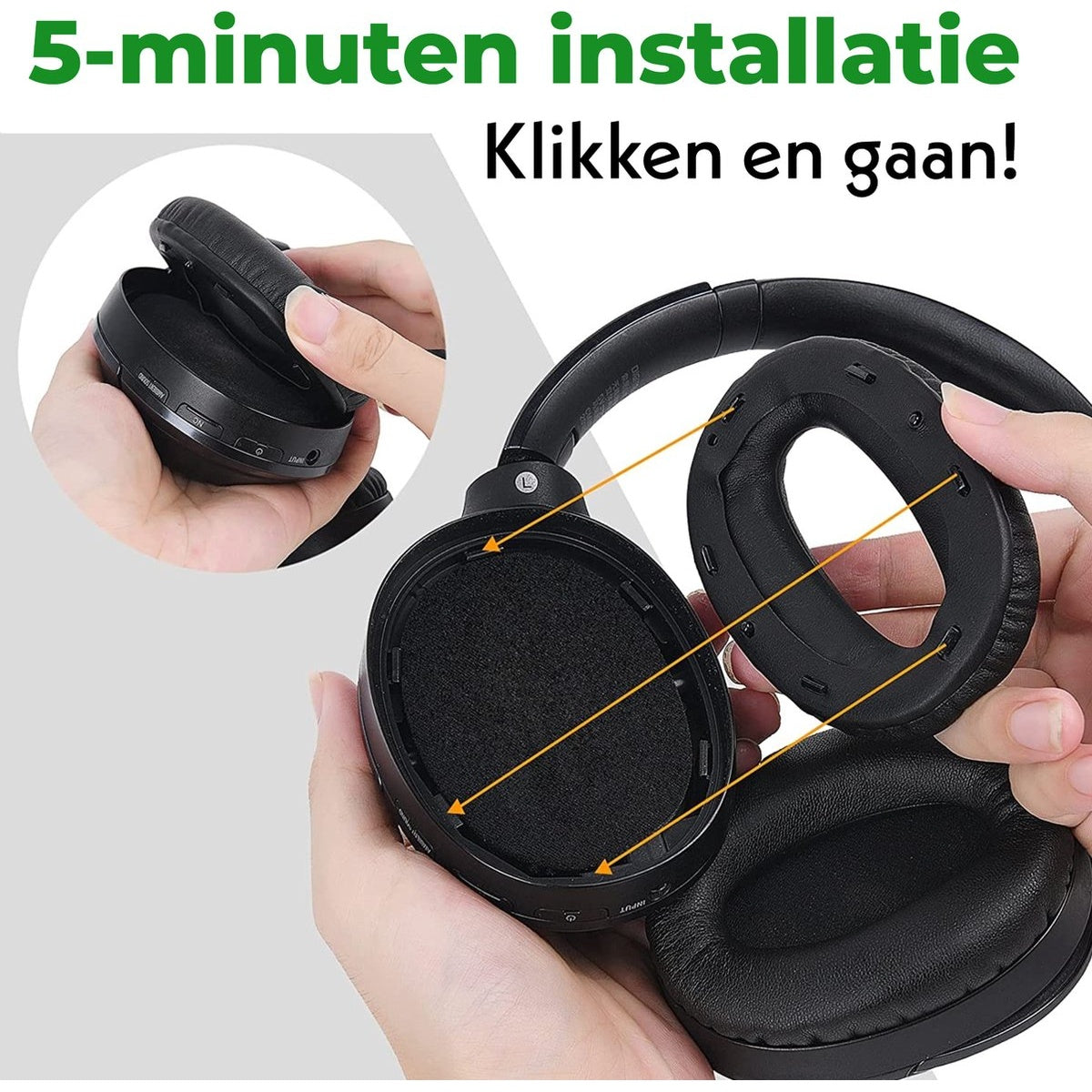 Handen die een koptelefoon in elkaar zetten. Tekst: 5 minuten installatie, Klik en ga! Koptelefoononderdelen zijn zwart, met pijlen die de montage aangeven.