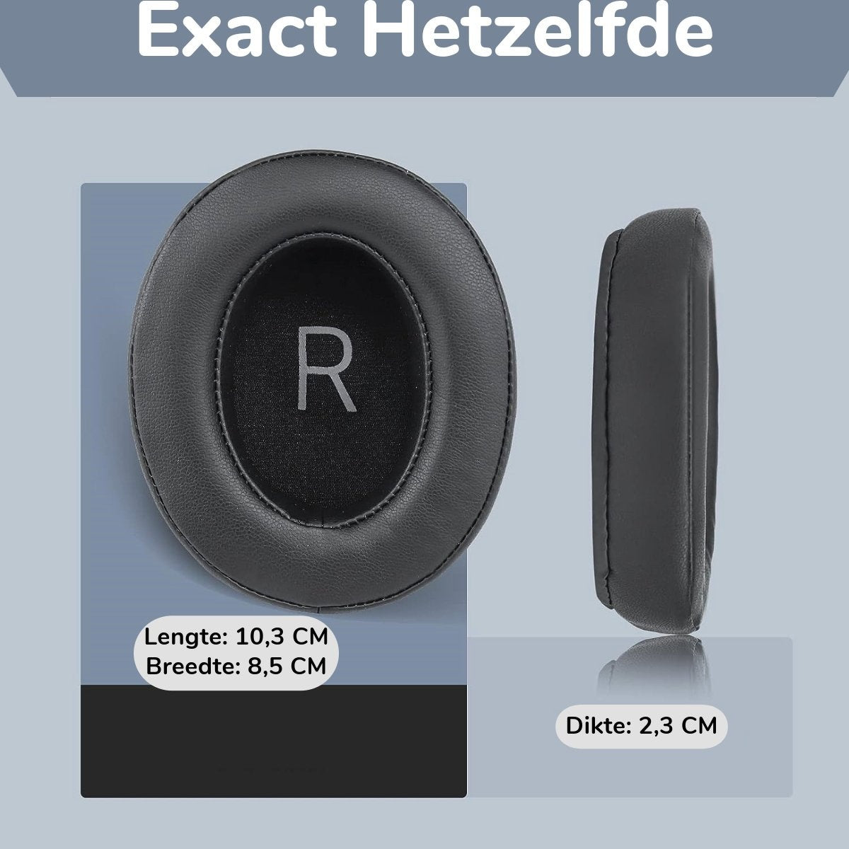 Twee zwarte oorkussens. Eén toont de letter 'R', de andere is van de zijkant te zien. Afmetingen worden ook getoond.