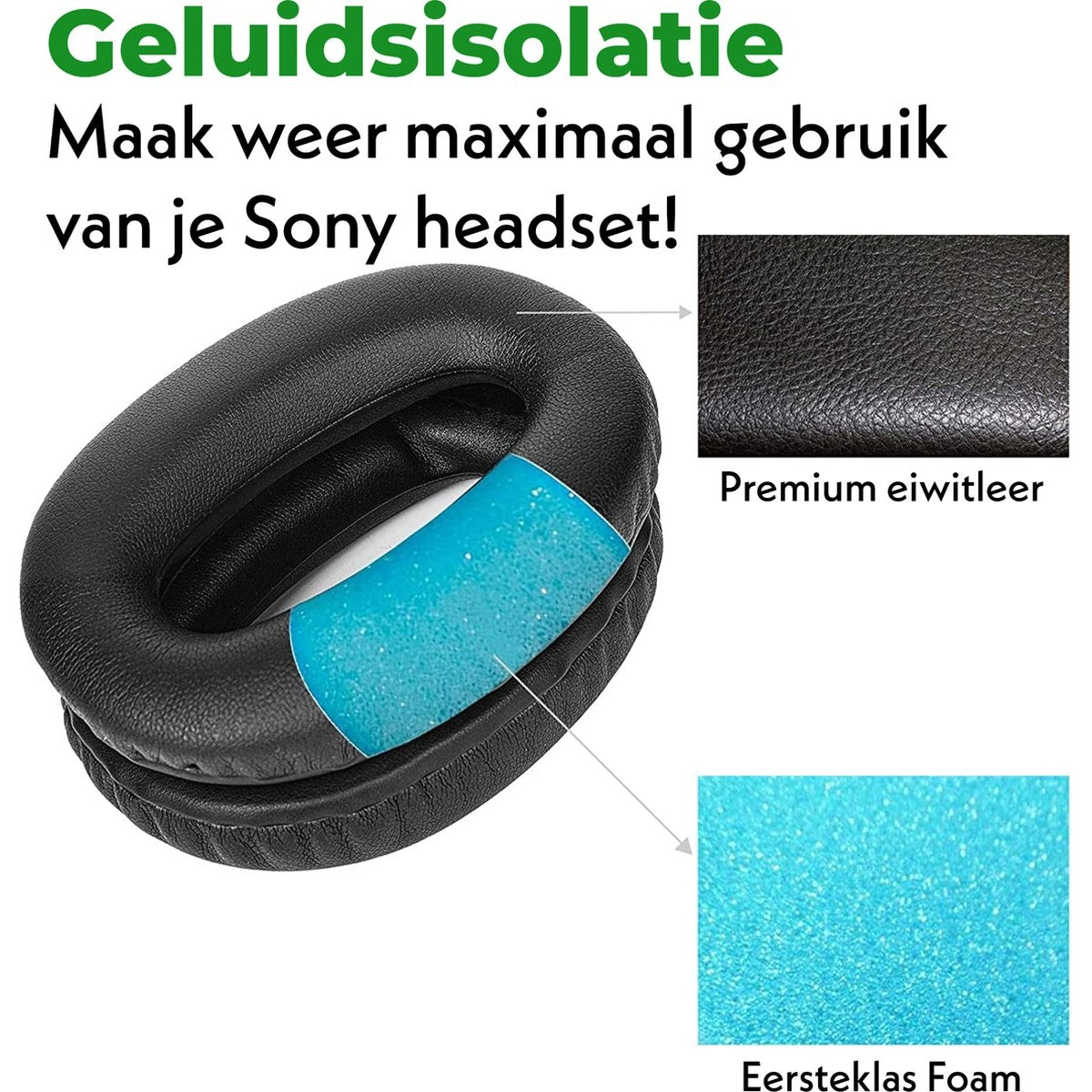 Zwart oorkussen met blauwe schuimrubberen inleg, naast een close-up van zwart leer en blauw schuim, met Nederlandse tekst.