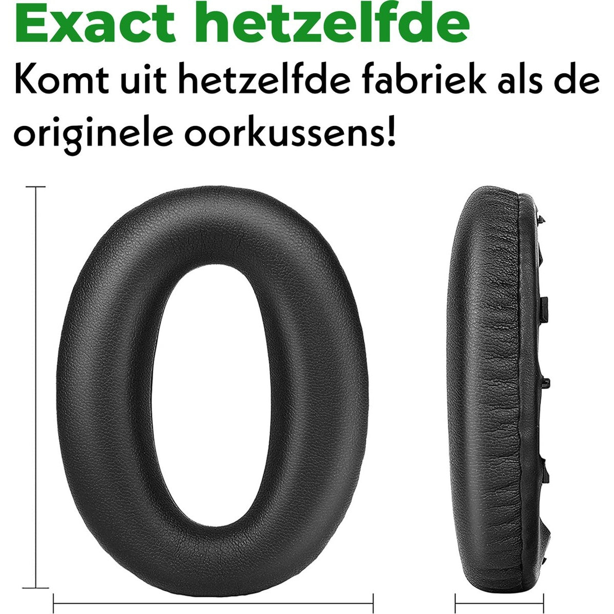 Er worden twee zwarte oorkussens voor hoofdtelefoons weergegeven. Eén is plat met het gat, de andere staat op zijn kant en toont de dikte.