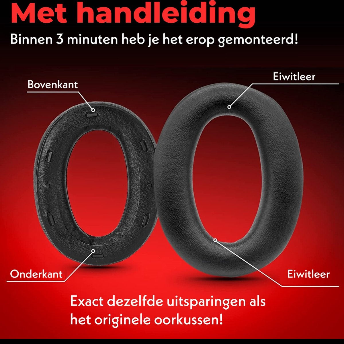 Twee zwarte ovale oorkussens op rode achtergrond. Nederlandse tekst geeft eenvoudige installatie aan.
