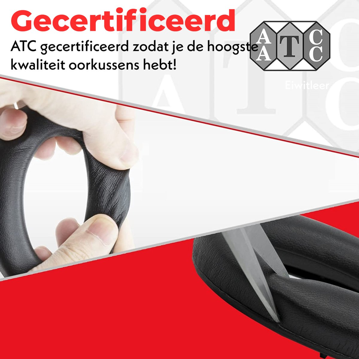 Een hand houdt een zwart, gebogen object vast. Tekst zegt 'Gecertificeerd' en 'ATC'-logo. Schaar bij een zwart oppervlak met rode basis.