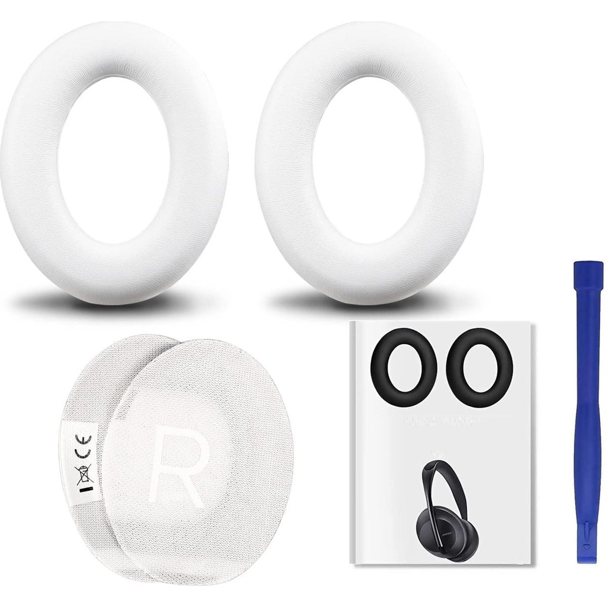 Witte oorkussens en pads voor hoofdtelefoons, een handleiding met zwarte cirkels en een blauwe tool. De pads hebben een 'R'.