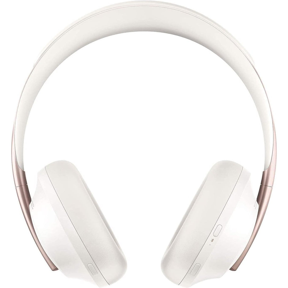 Witte koptelefoon met roségouden accenten. Ze hebben een gebogen hoofdband en oorschelpen. De achtergrond is effen.