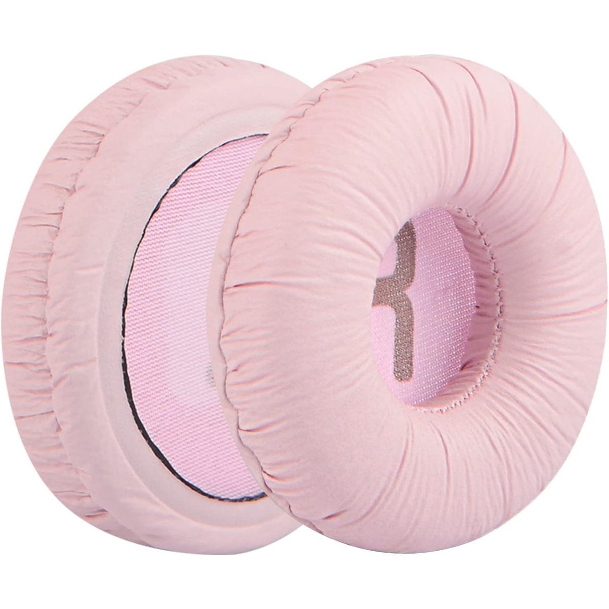 Er worden twee roze oorkussens voor de koptelefoon weergegeven. Ze hebben een cirkelvorm met een gaas in het midden. De kussens zijn zacht en zacht.