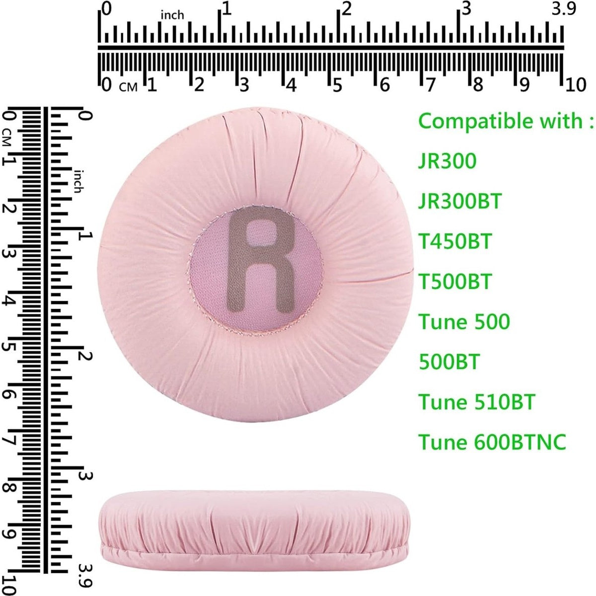 Roze oorkussen met een 'R' erin. Linialen in inches en centimeters in de afbeelding. Tekst geeft compatibiliteit aan.