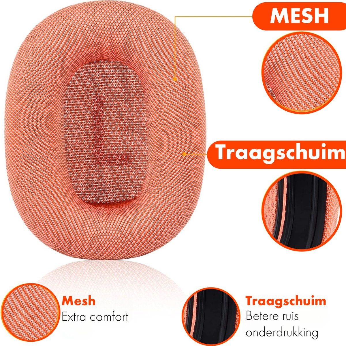 Een oranje oorkussen voor een koptelefoon met mesh en traagschuim details. Inclusief close-ups van de mesh en traagschuim.