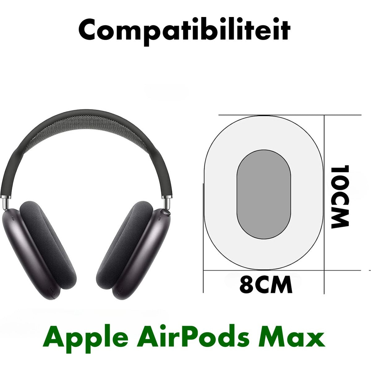Afbeelding toont Apple AirPods Max koptelefoon, een diagram met afmetingen en de woorden 'Compatibiliteit' en 'Apple AirPods Max'.