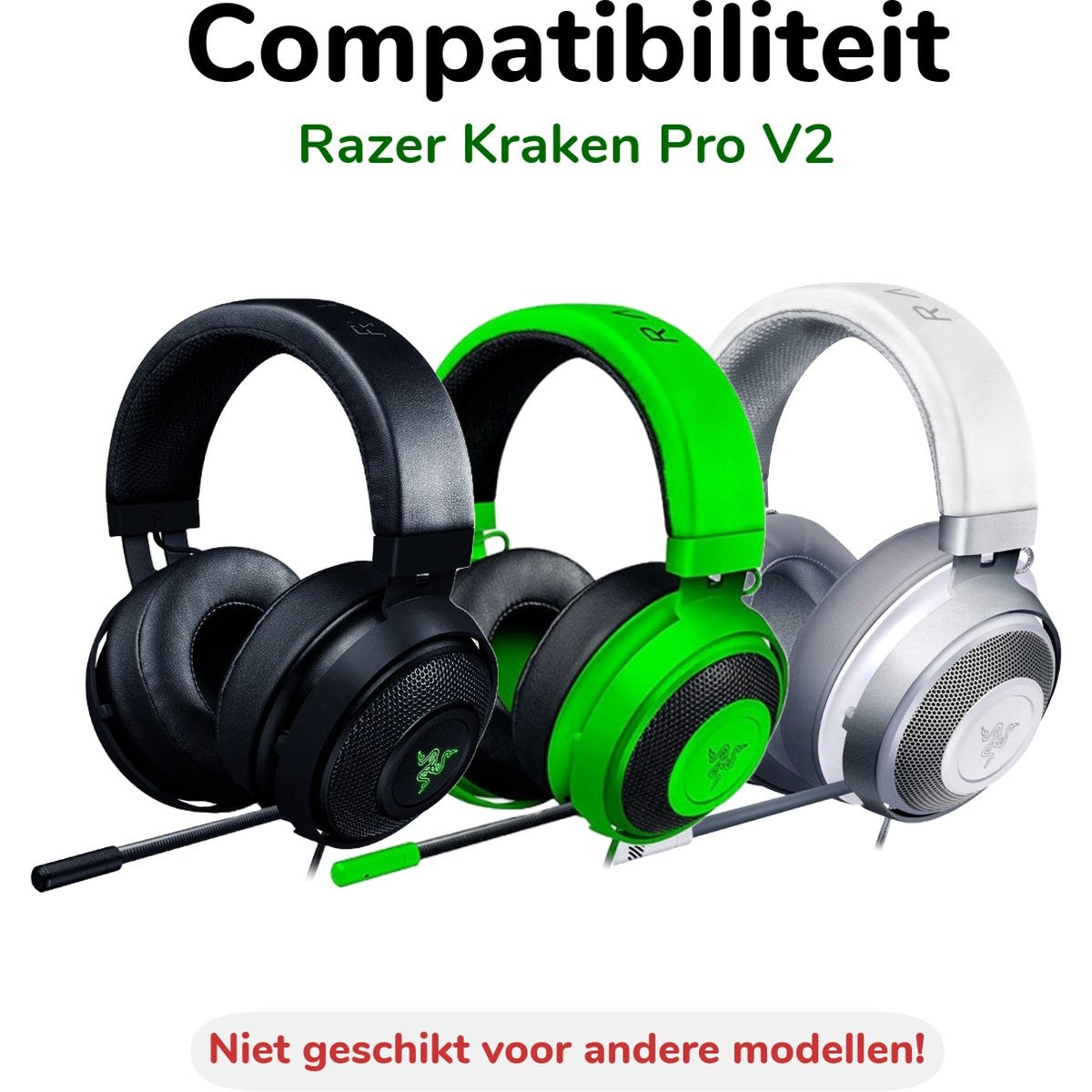 Drie Razer Kraken Pro V2 koptelefoons in zwart, groen en wit. Tekst bovenaan: 'Compatibiliteit'.