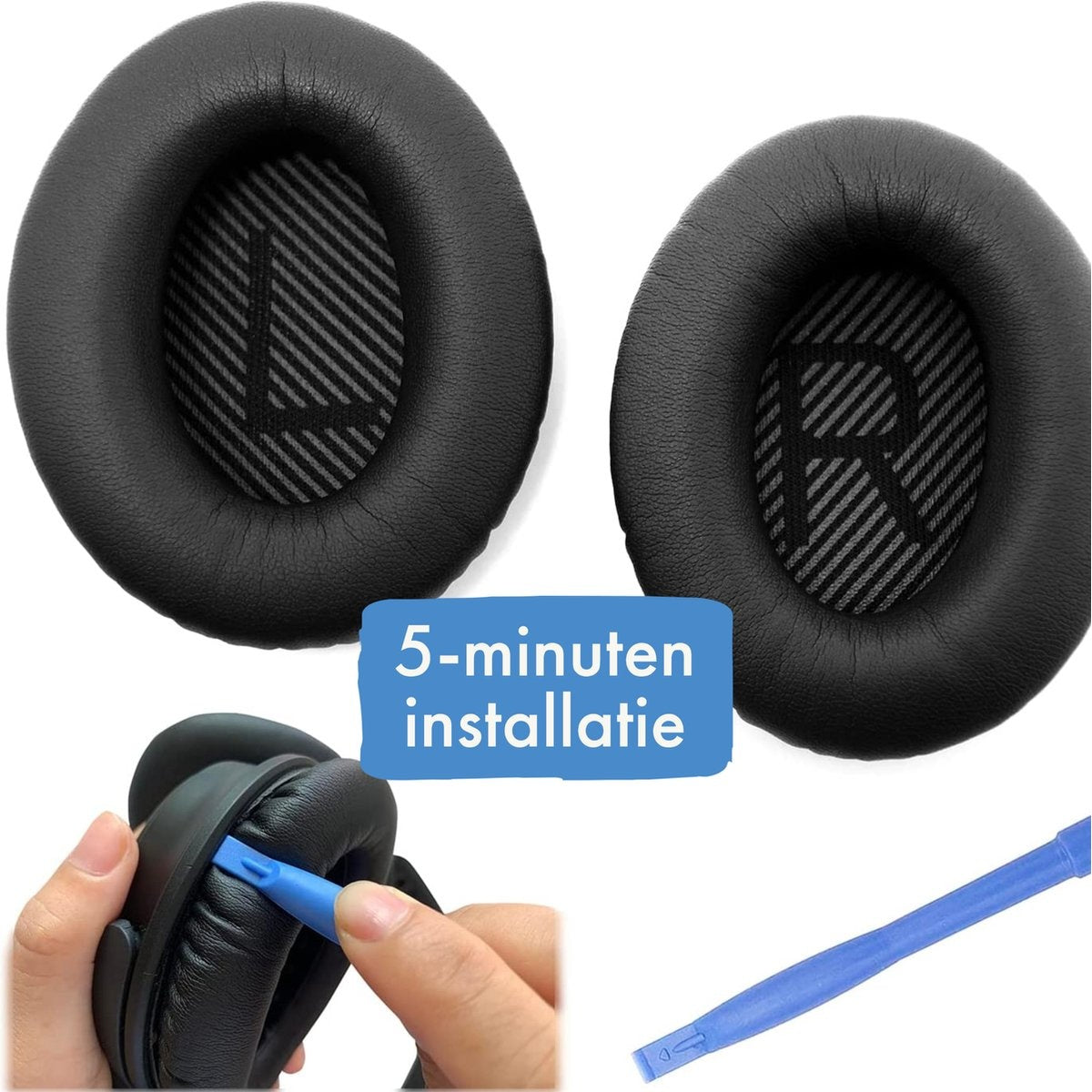 Twee zwarte oorkussens voor een koptelefoon. Een persoon installeert een oorkussen met een blauwe tool. Een blauw tekstvak leest '5 minuten installatie'.
