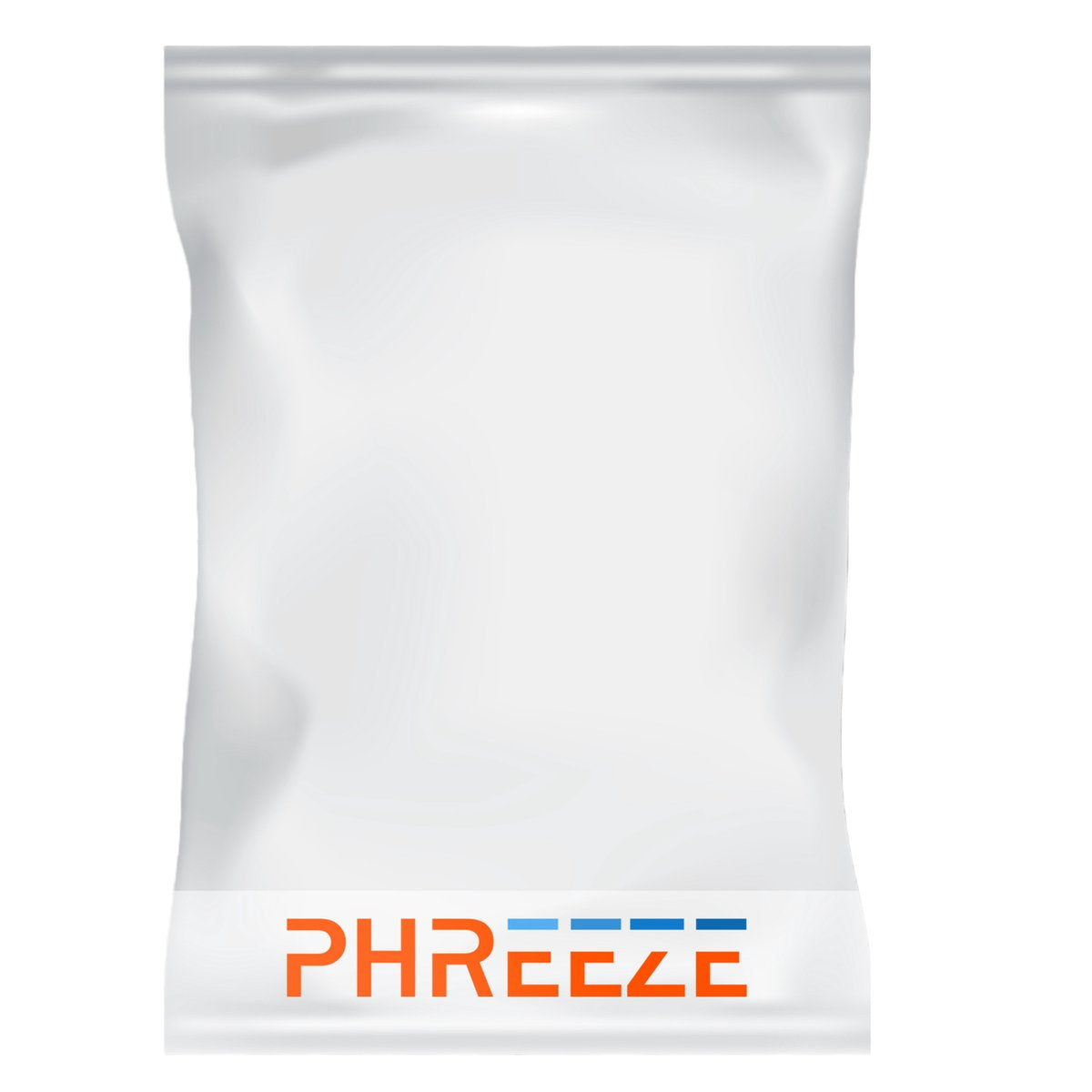 Een witte zak met een glanzende bovenkant, het woord "PHREEZE" in oranje en blauwe lijnen onder de tekst zijn zichtbaar.
