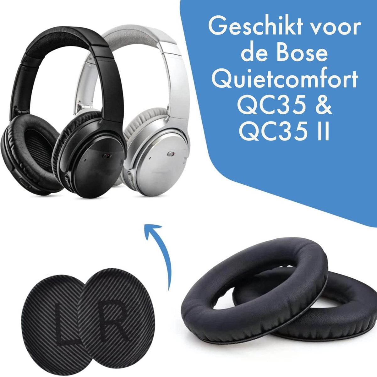 Afbeelding toont zwarte en zilveren hoofdtelefoons, oorkussens en vervangende kussens. Tekst geeft compatibiliteit aan met Bose Quietcomfort QC35 & QC35 II.