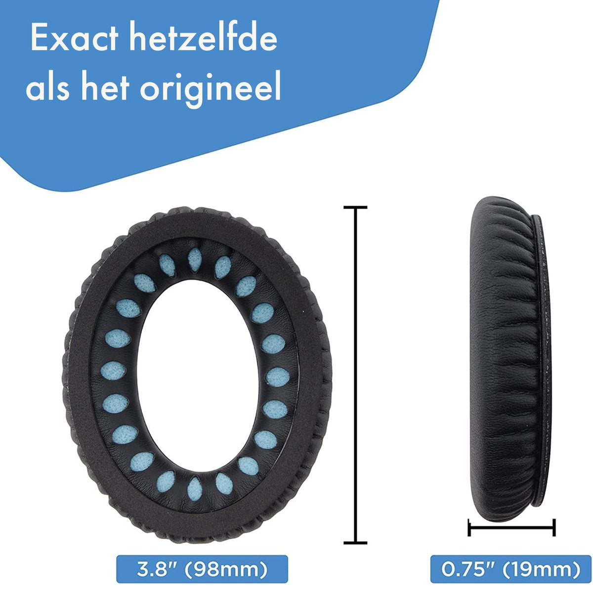Zwarte hoofdtelefoon oorkussens, één voorkant, één zijaanzicht. Blauwe stippen binnenin. Tekst: Exact hetzelfde als het origineel.