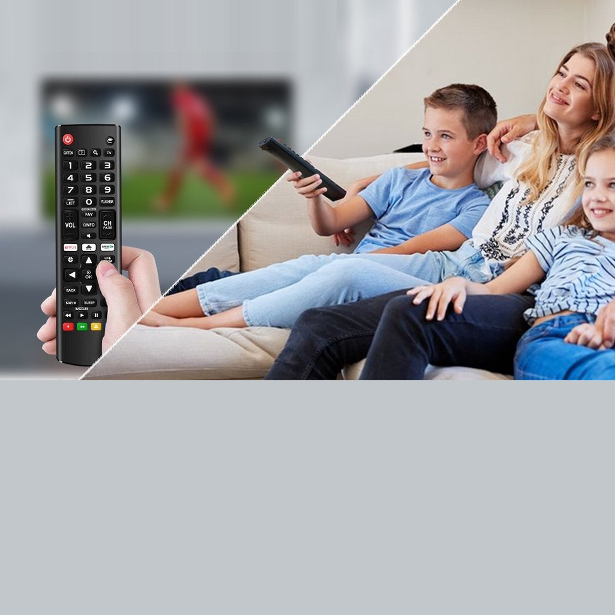 A family is watching TV. A hand holds a remote. The TV screen shows a blurred soccer game. They are sitting on a couch.