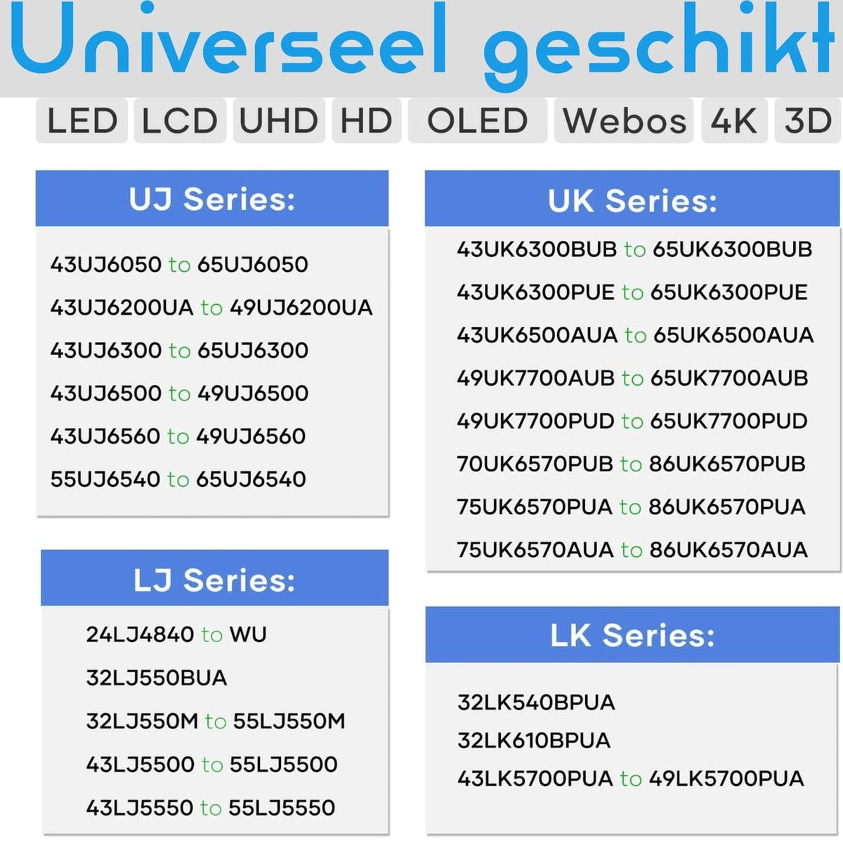 Image shows different TV series models, including UJ, UK, LJ, and LK series, with their model numbers listed.