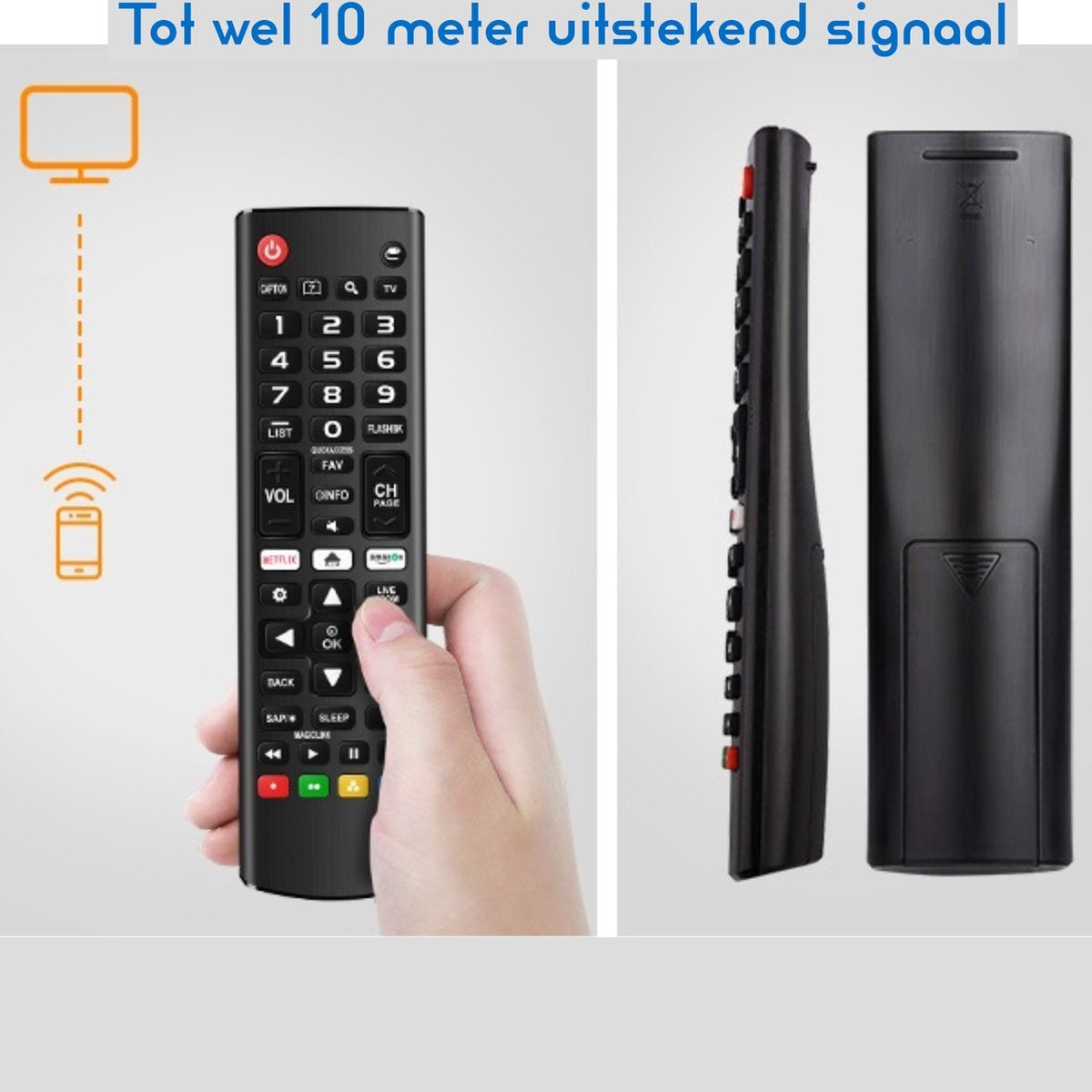 A hand holding a black remote control with many buttons. The remote has a red power button and Amazon and Netflix buttons.