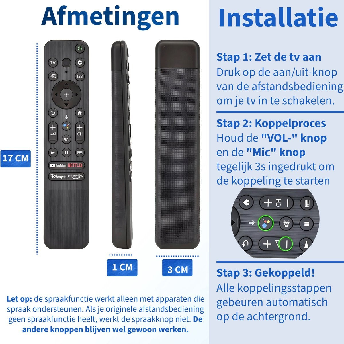 Image shows a remote control from different angles, with instructions on how to pair it. Dimensions are shown.