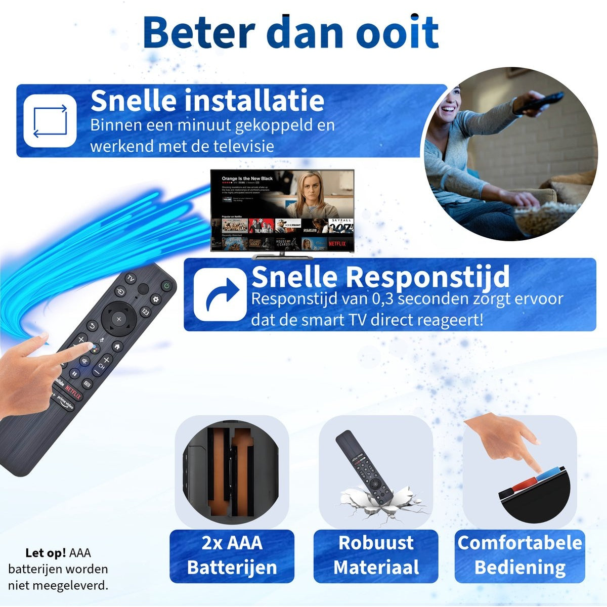 An advertisement showing a remote control, a TV screen, and a woman using the remote. It also shows battery, and material descriptions.