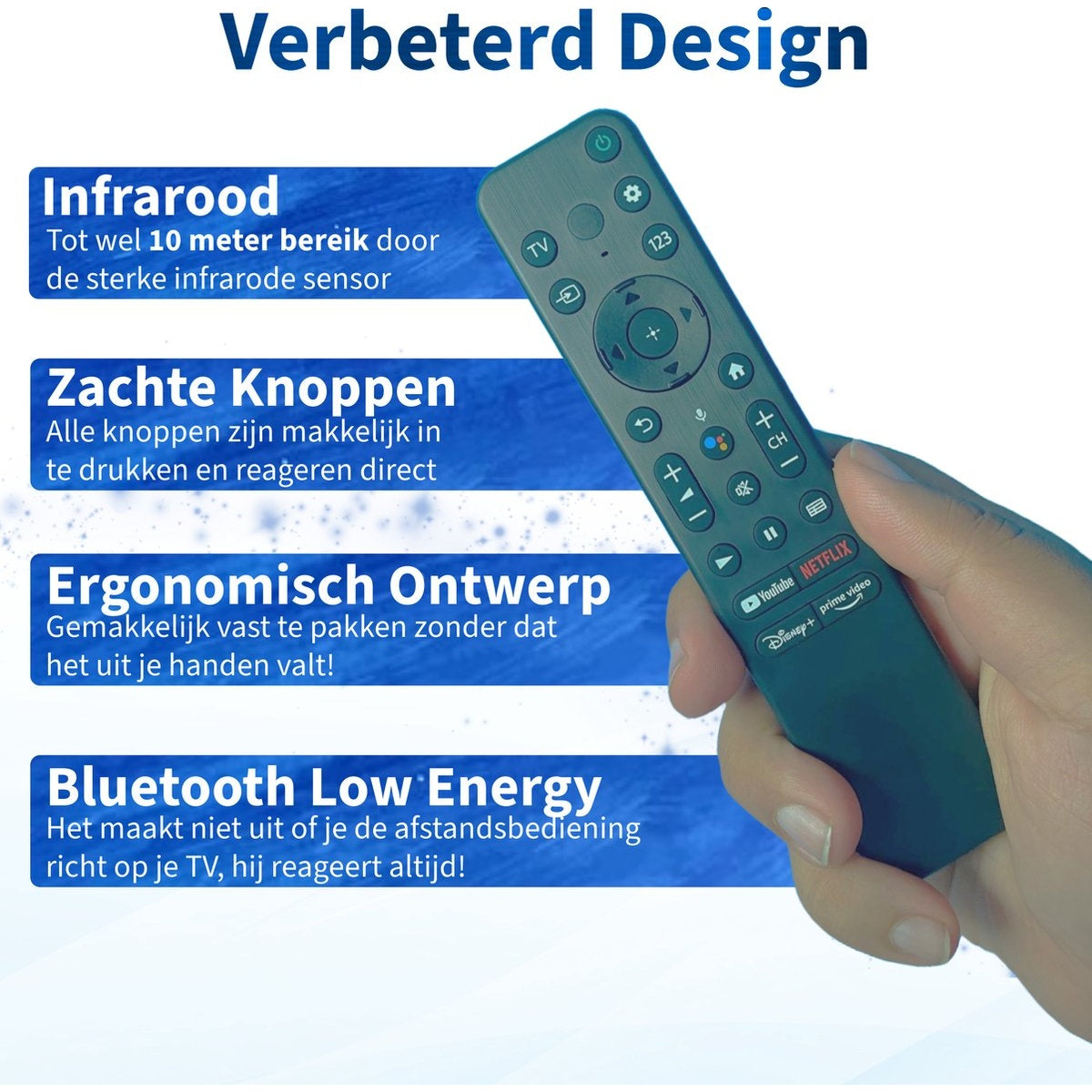 A hand holding a silver remote control. Text boxes highlight features like infrared, soft buttons, ergonomic design, and Bluetooth.