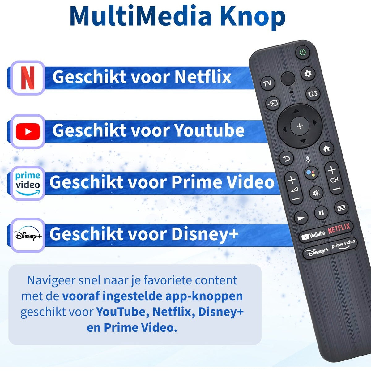 Image shows a remote control with Netflix, YouTube, Prime Video, and Disney+ buttons. Text indicates quick navigation to content.