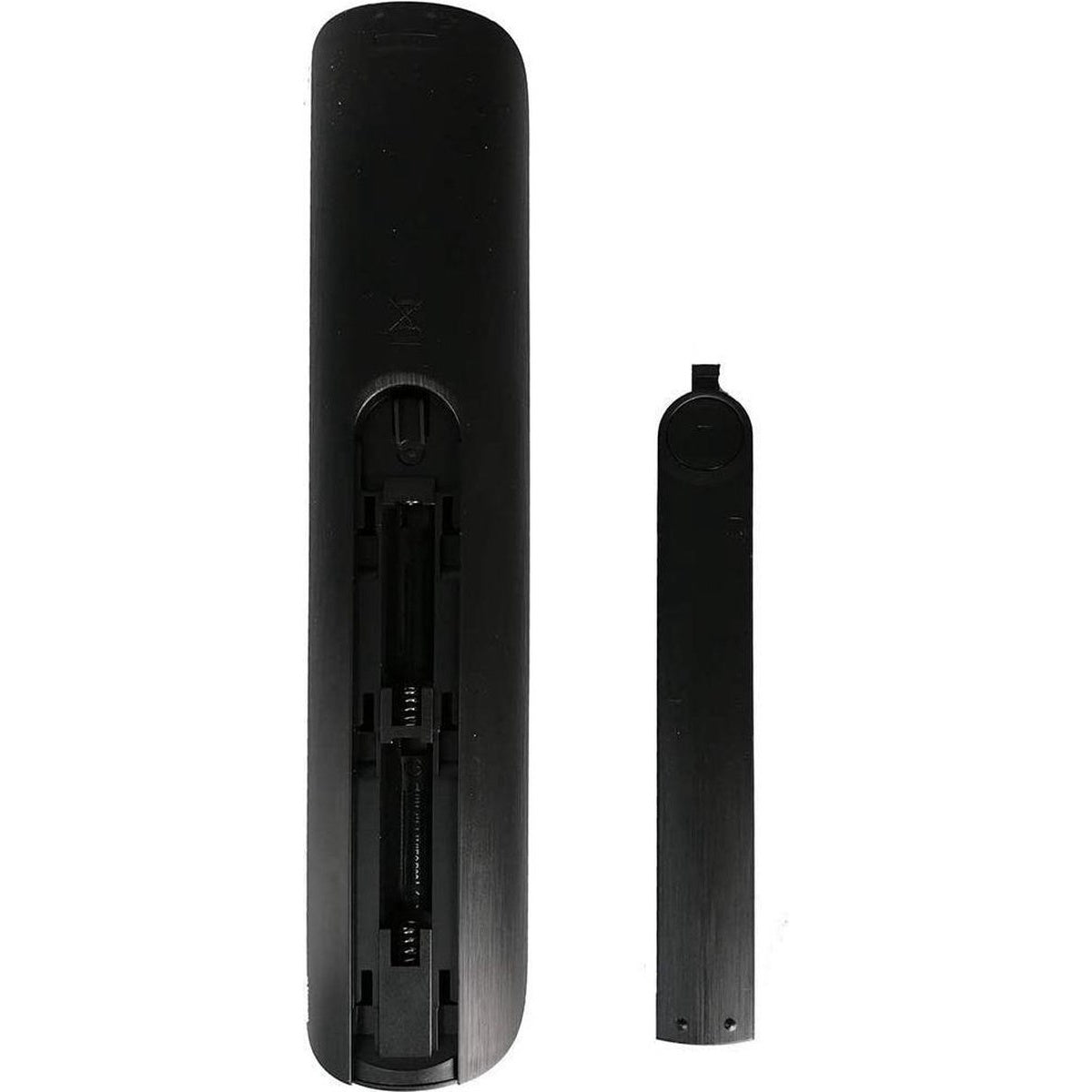 Black TV remote with opened battery compartment and detached battery cover. White background.