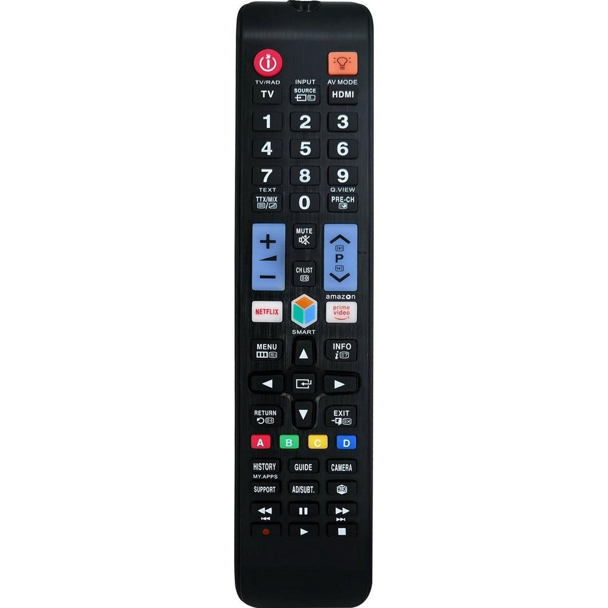 Black TV remote with many buttons, including numbers, Netflix, volume, and channel controls.