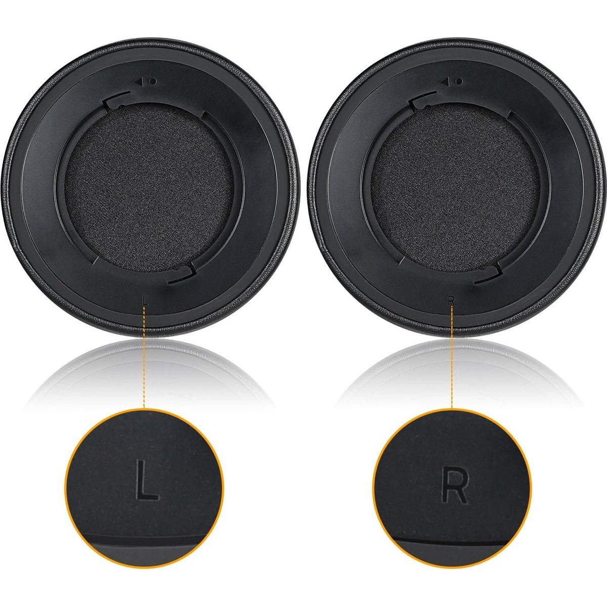 Twee zwarte oorkussens voor hoofdtelefoons. Eén gemarkeerd met 'L' en de andere met 'R'. Beide hebben ronde frames en binnenvoering van mesh.