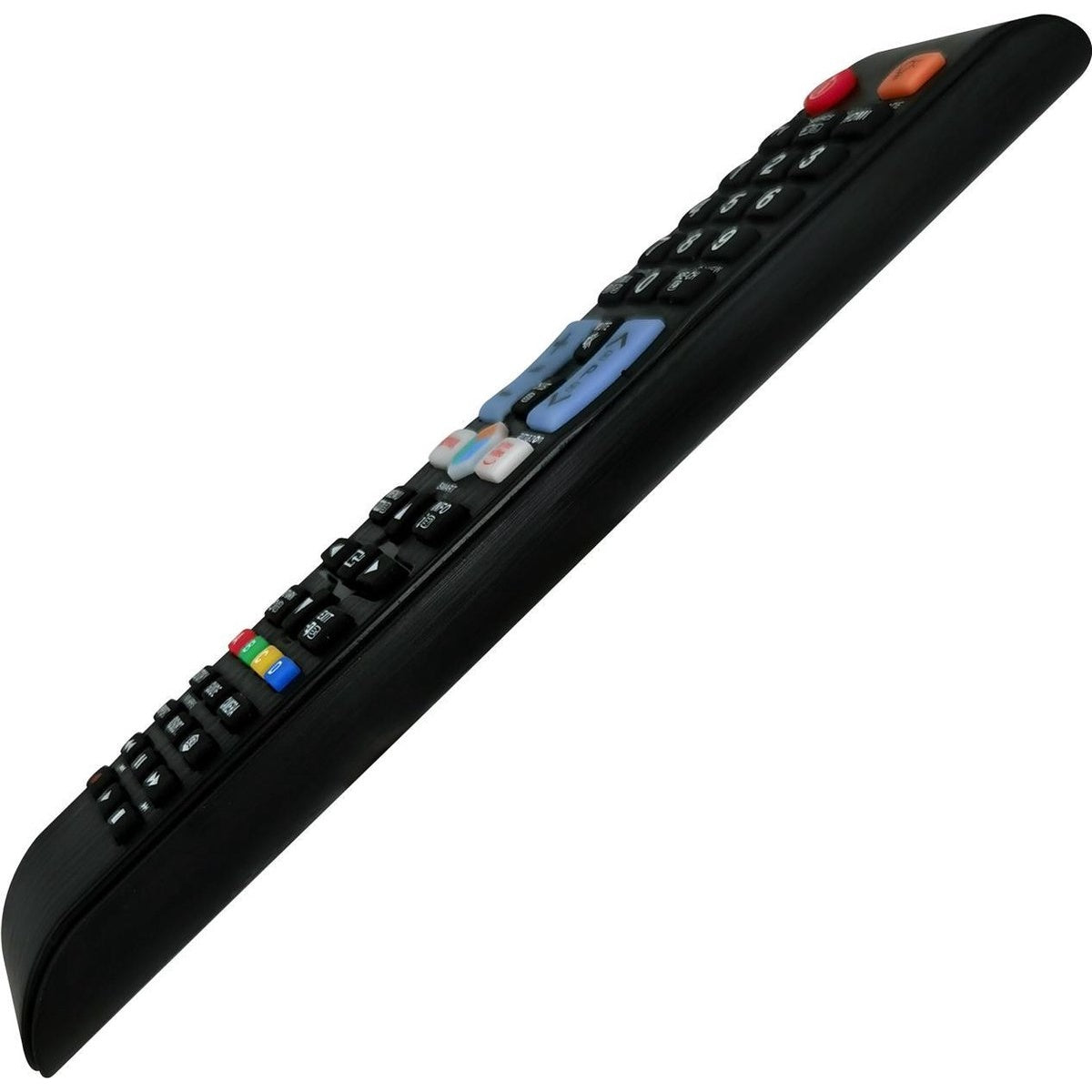 Black TV remote angled diagonally. Buttons of various colors and numbers are visible on the surface. The background is white.