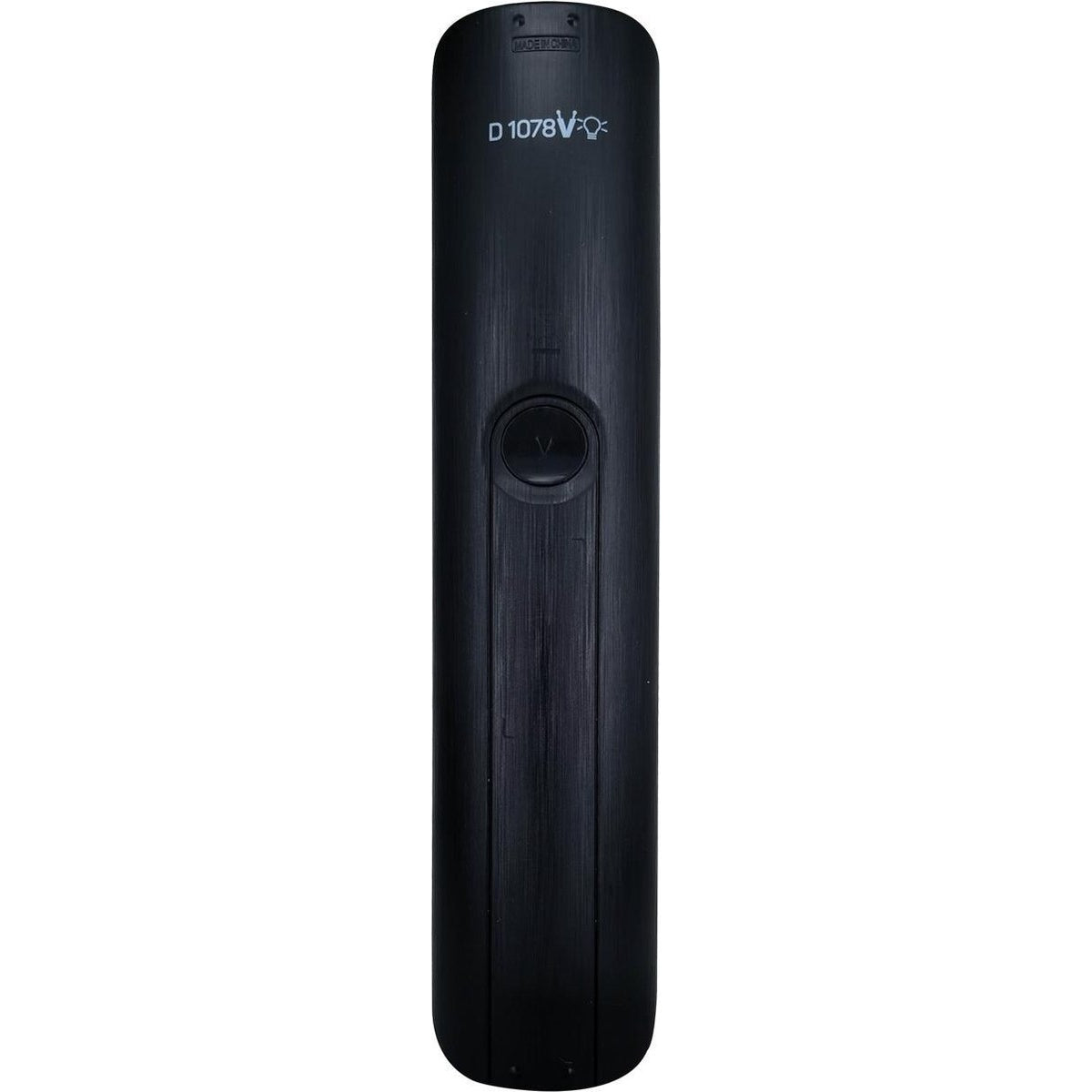 A black TV remote control. It has a round button and text that reads D 1078V. Made in China is also visible.