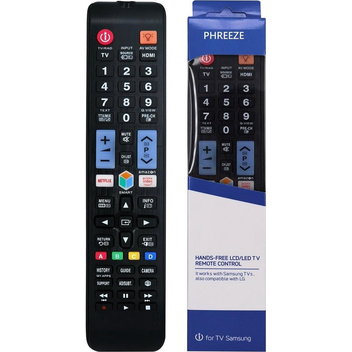 A black TV remote control and its box are displayed. The remote has many buttons for different functions.