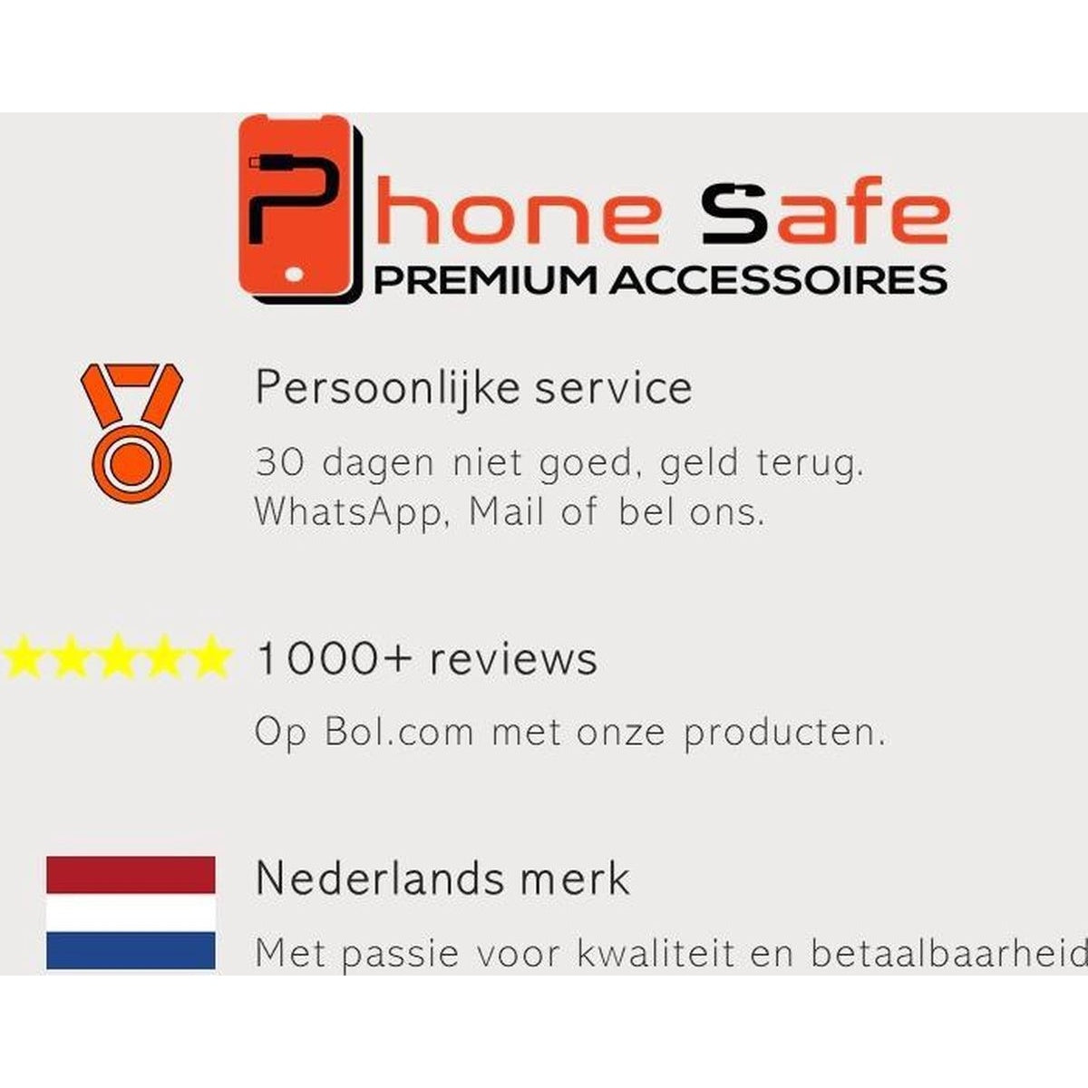 Phone Safe logo with text, personal service, 1000+ reviews, Dutch flag, and text about quality and affordability.