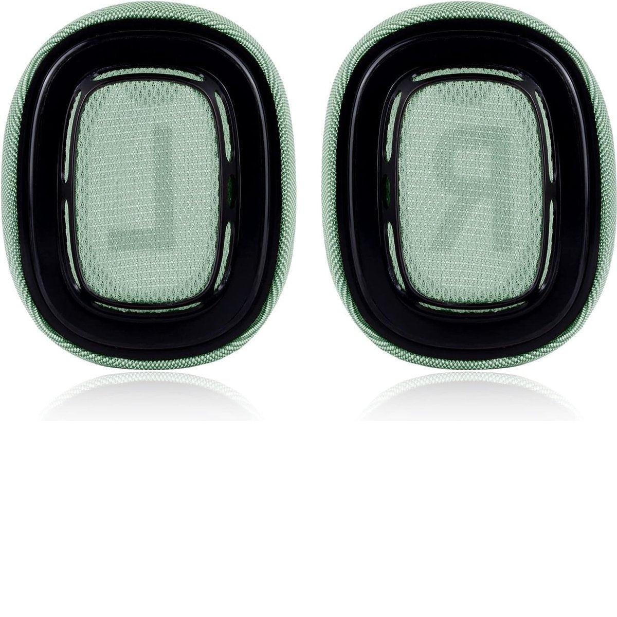 Twee oorschelpen met groene mesh, zwarte afwerking en lichtgroene rand. De linkeroorschelp heeft een L, de rechter een R. Witte achtergrond.