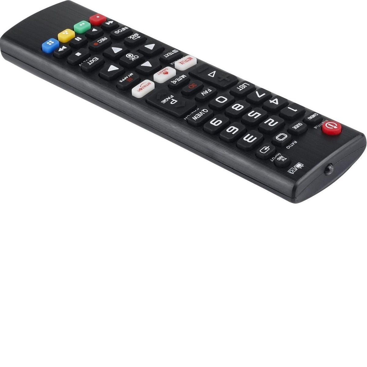 A black TV remote control with many buttons, including volume, channel, and a power button, sits on a white surface.
